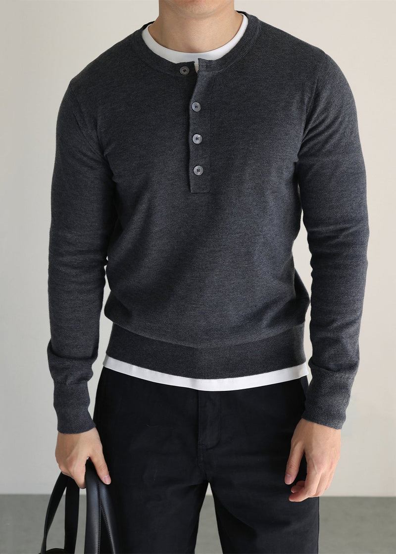 Grey Button Woolen Knit Sweater O Neck