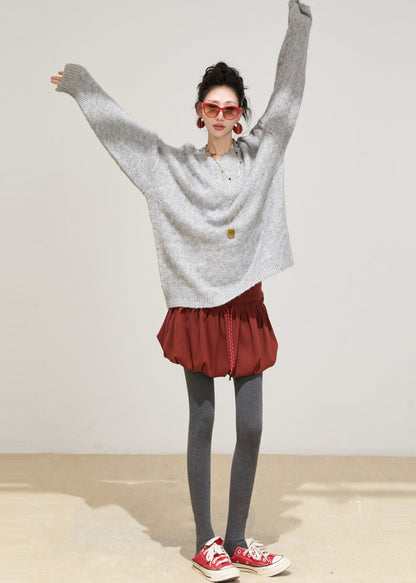 Grey Cozy Knit Sweater Tops Oversized Winter