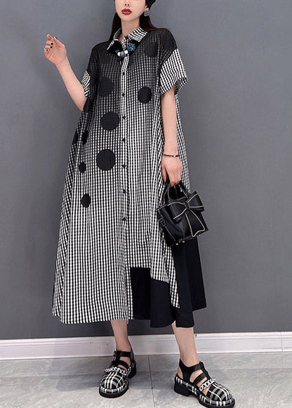 Grey Dot Print Patchwork Long Dress Loose Wrinkled Short Sleeve
