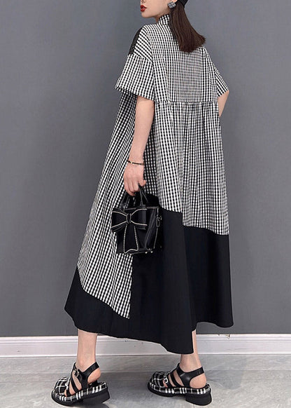Grey Dot Print Patchwork Long Dress Loose Wrinkled Short Sleeve