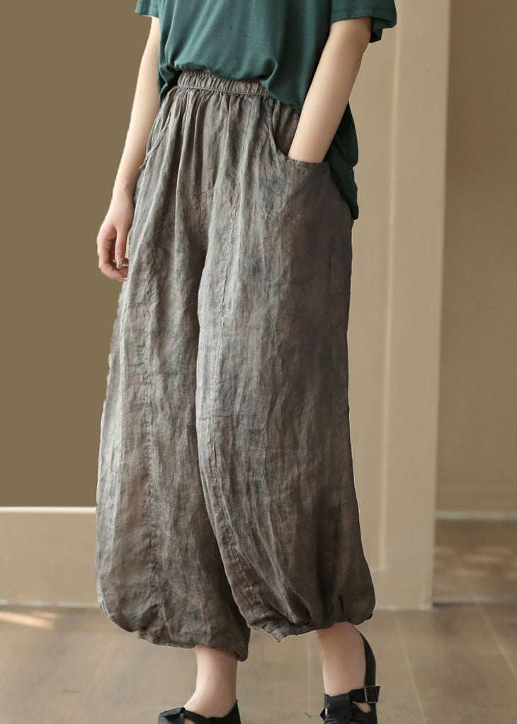 Grey Elastic Waist Ramie Lantern Pants