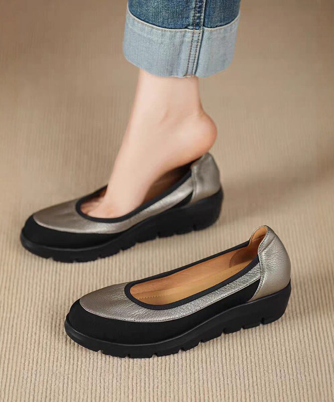 Grey Flats Platform Faux Leather Splicing Flats