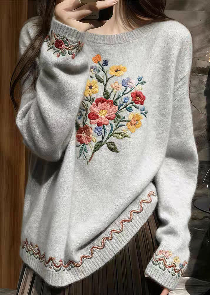 Grey Cozy Knit Sweater O-neck Spring