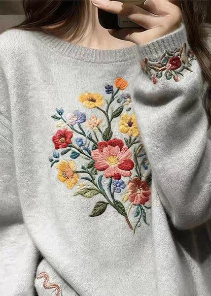 Grey Cozy Knit Sweater O-neck Spring