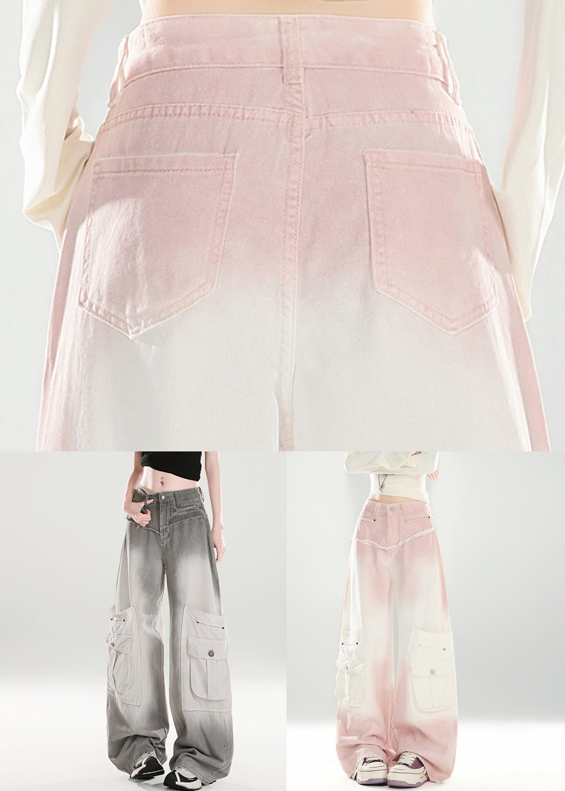 Grey Gradient Color High Waist Denim Wide Leg Pants Pockets