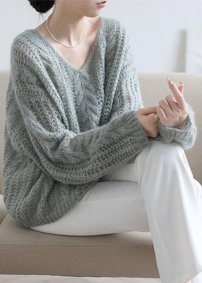 Grey Green Ma Hai Mao Cable Knit Sweaters Hollow Out Spring