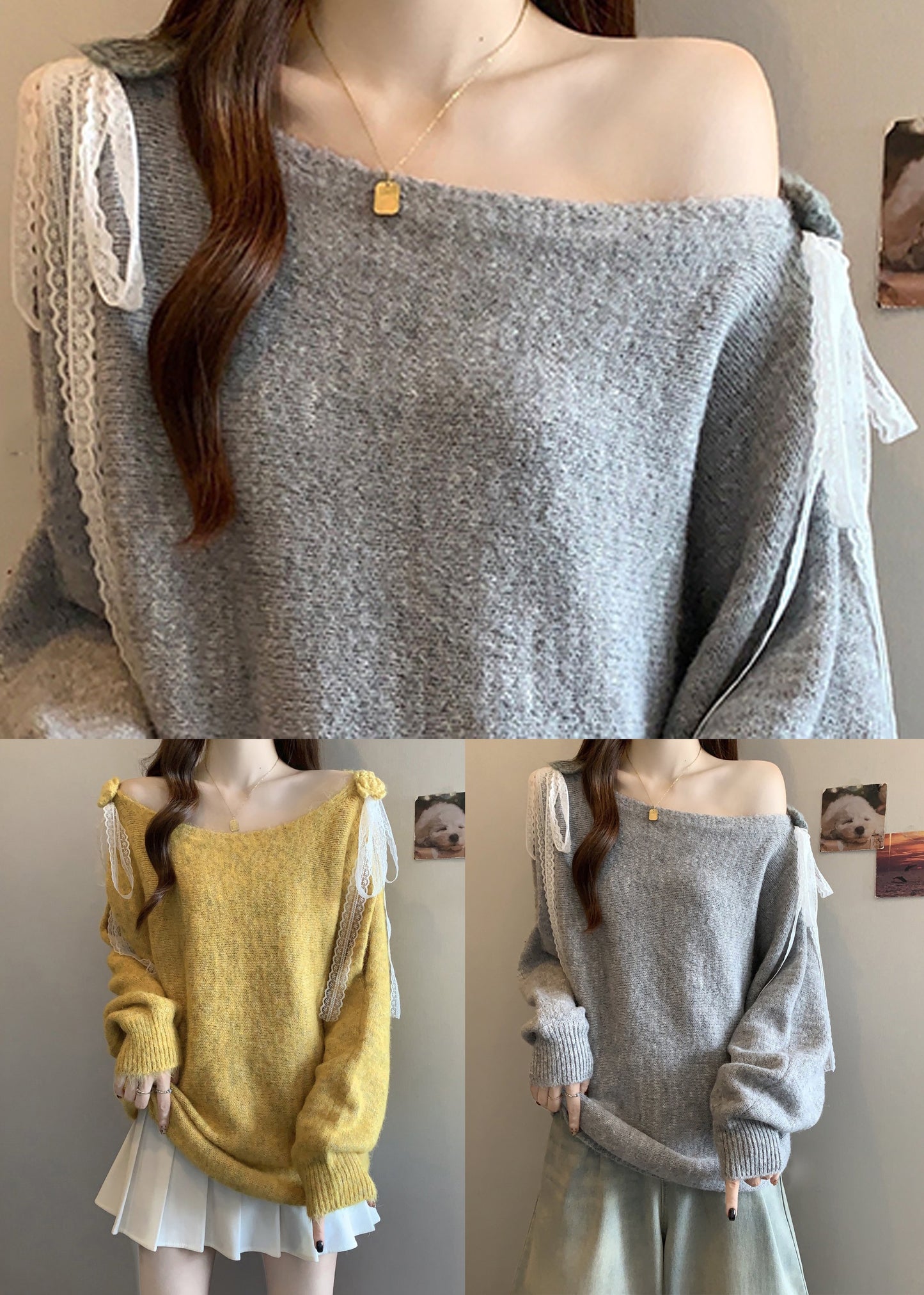 Grey Lace Up Cozy Patchwork Loose Knit Sweater Hollow Out