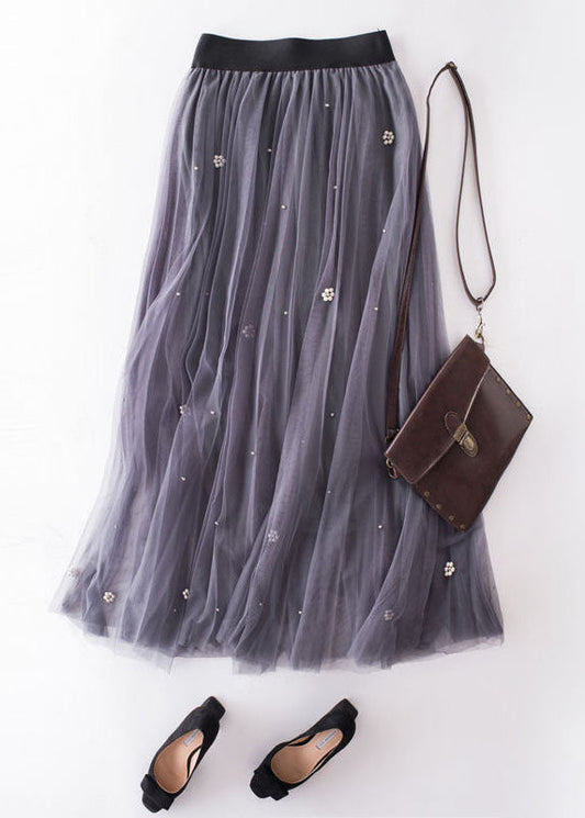 Grey Nail Bead Patchwork Tulle Skirt Wrinkled Spring