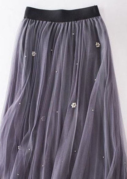 Grey Nail Bead Patchwork Tulle Skirt Wrinkled Spring