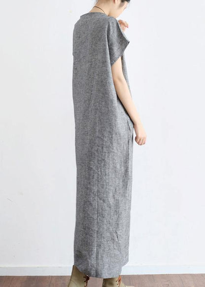 Grey O Neck Summer Cotton Hemp Dress