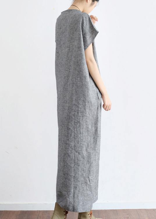 Grey O Neck Summer Cotton Hemp Dress