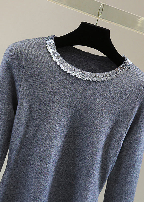 Grey O-neck Tie Waist Cotton Knit Sweater Long Sleeve