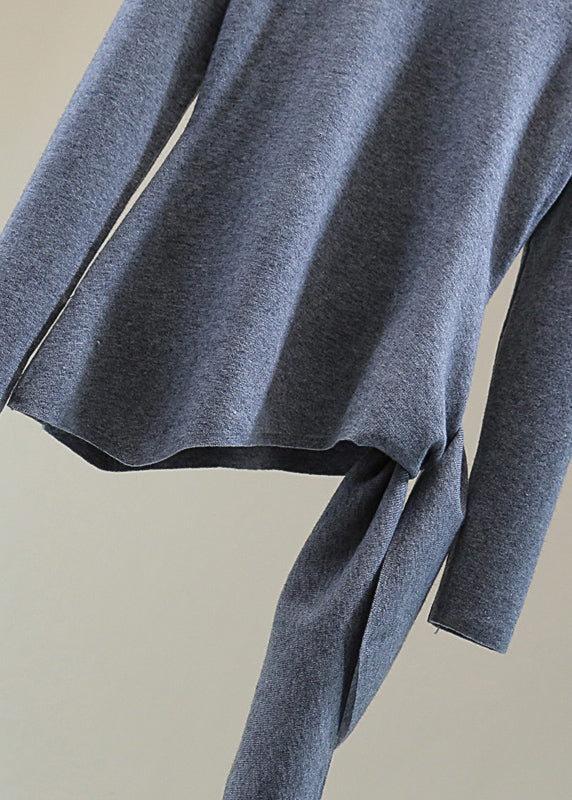 Grey O-neck Tie Waist Cotton Knit Sweater Long Sleeve