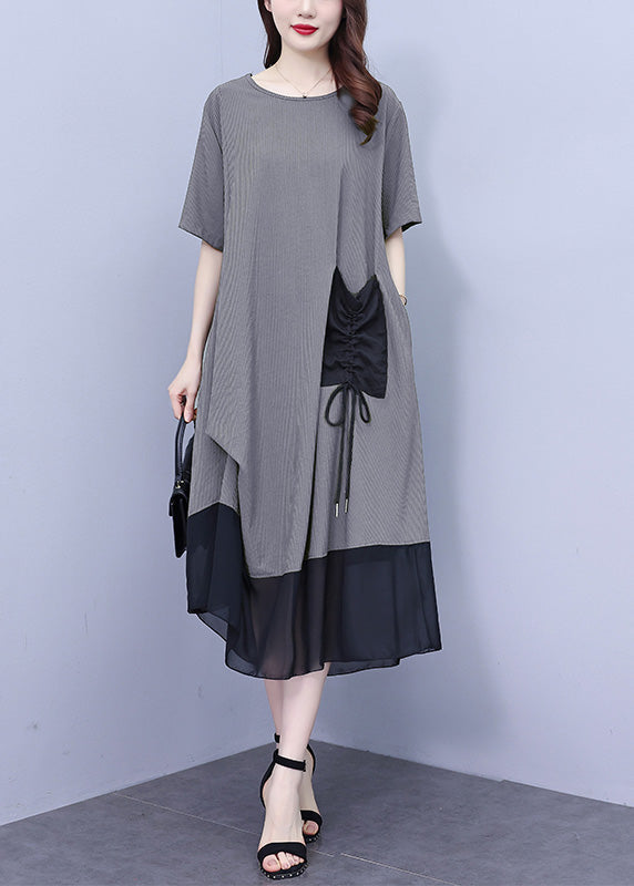 Grey O-neck Wrinkled Chiffon Maxi Dresses Summer