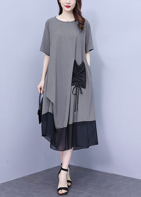 Grey O-neck Wrinkled Chiffon Maxi Dresses Summer