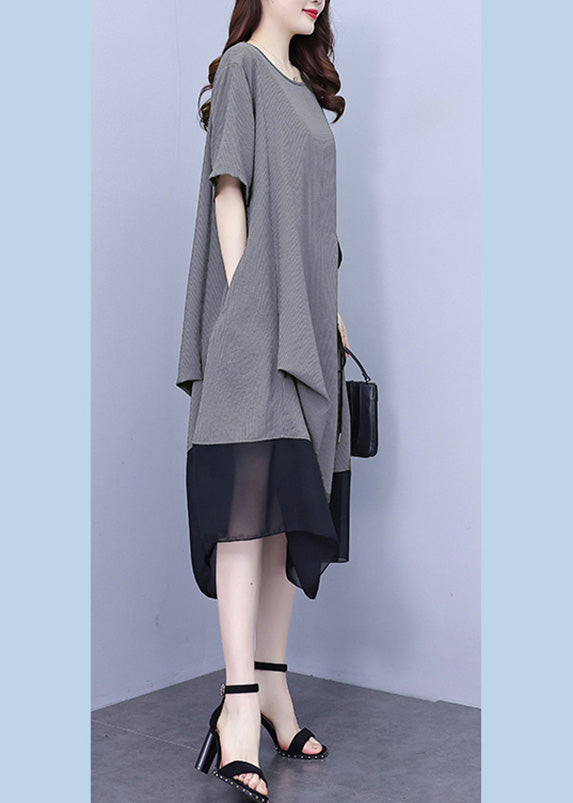 Grey O-neck Wrinkled Chiffon Maxi Dresses Summer