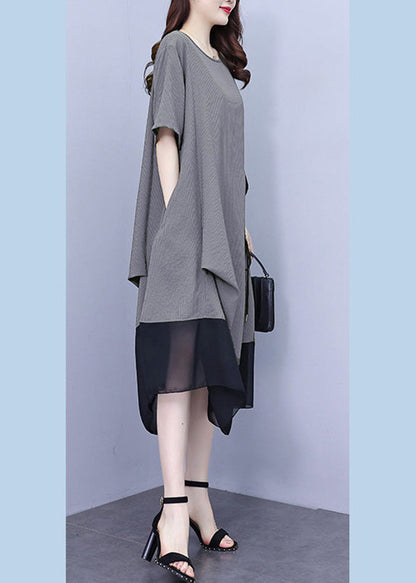 Grey O-neck Wrinkled Chiffon Maxi Dresses Summer