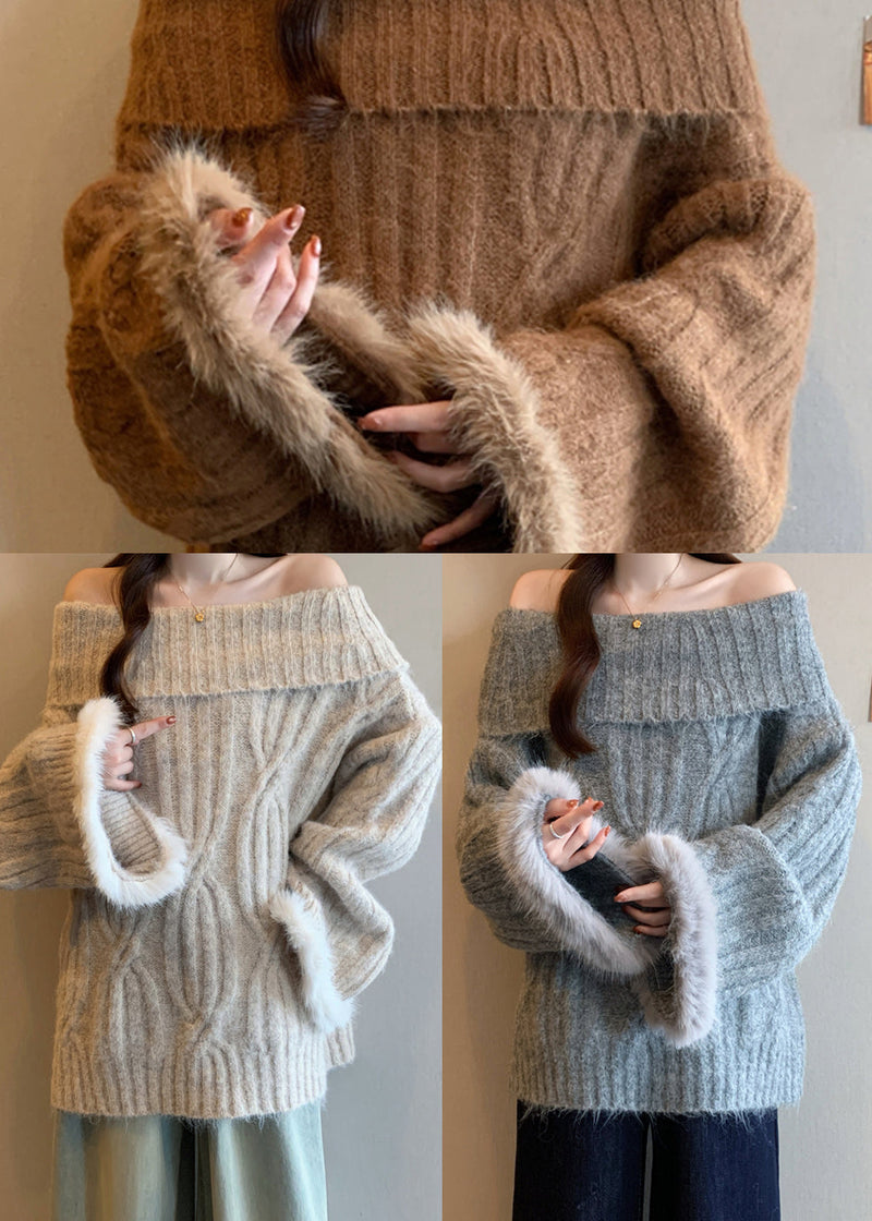 Grey Patchwork Faux Fur Sweater Tops Cold Shoulder Winter