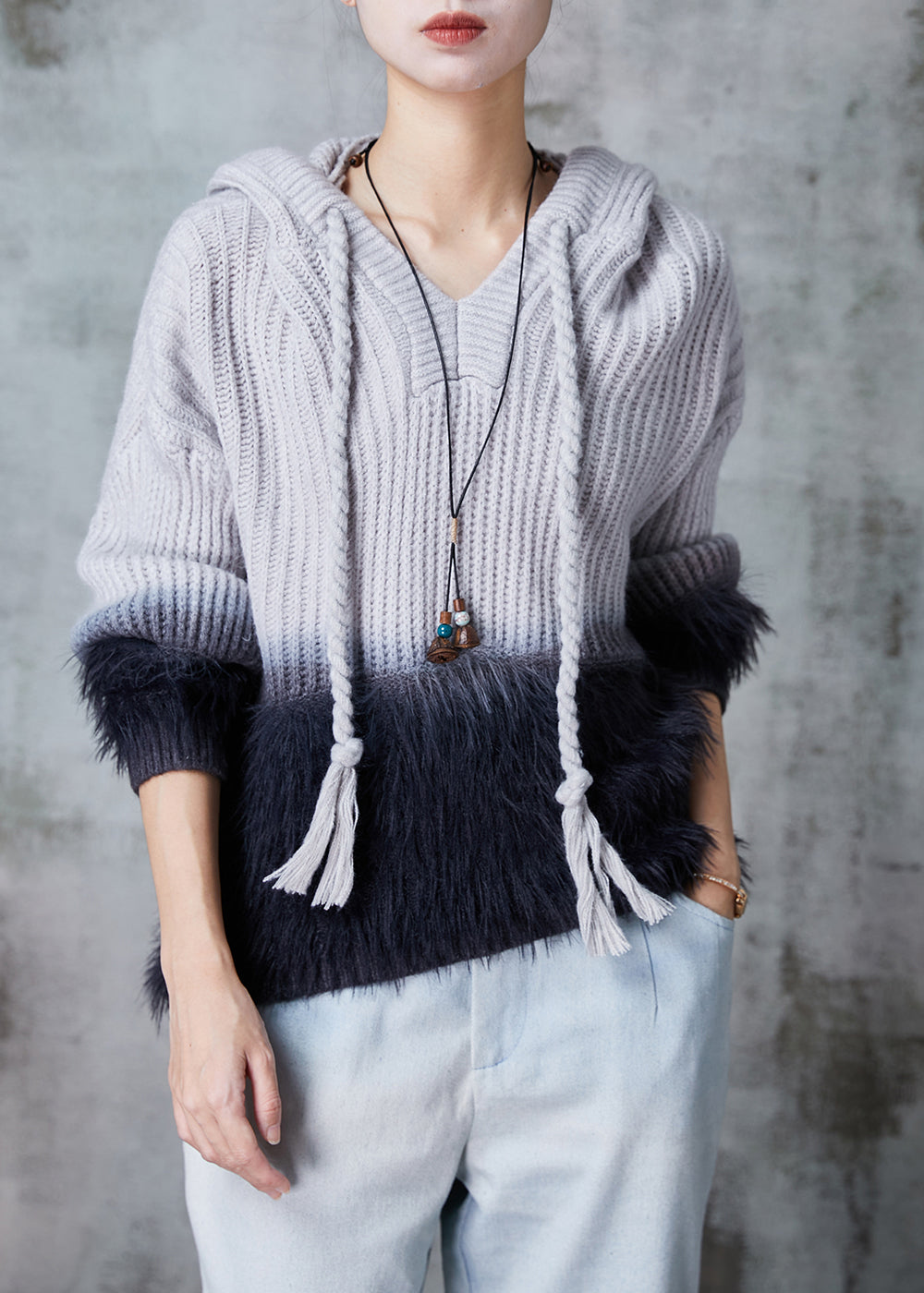 Grey Patchwork Mink Hair Knitted Sweatshirt Hooded Spring