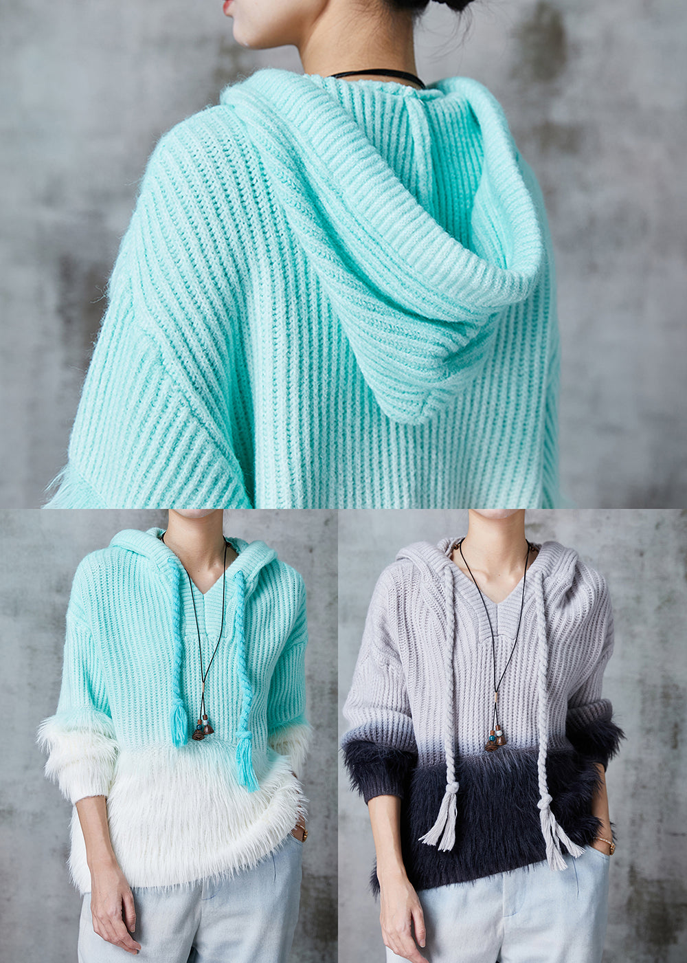 Grey Patchwork Mink Hair Knitted Sweatshirt Hooded Spring