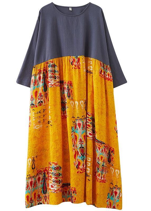 Grey Patchwork Yellow Print O-neck Pockets Summer Party Dresses