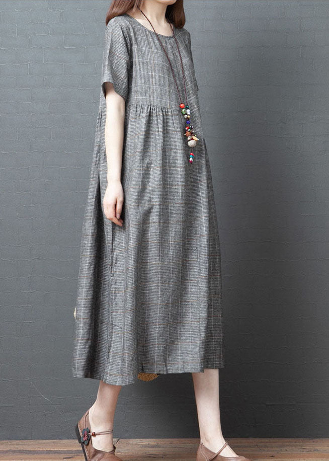 Grey Plaid Vacation Dress O-neck Cinched Short Sleeve