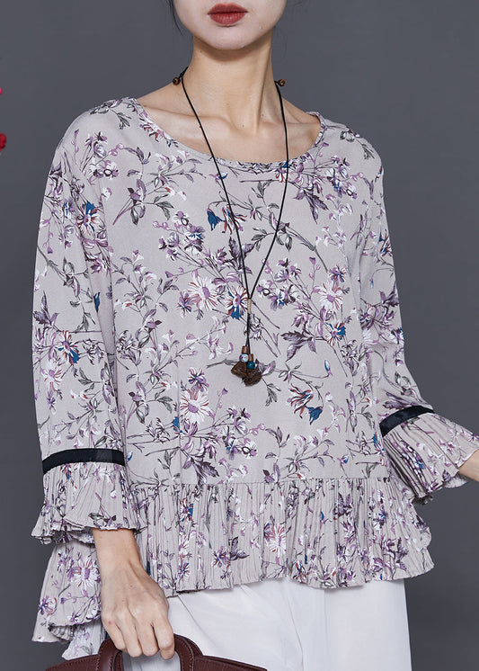 Grey Print Chiffon Shirts O-neck Ruffles Flare Sleeve