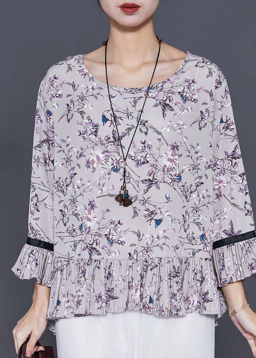 Grey Print Chiffon Shirts O-neck Ruffles Flare Sleeve
