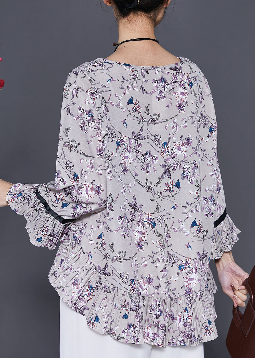 Grey Print Chiffon Shirts O-neck Ruffles Flare Sleeve