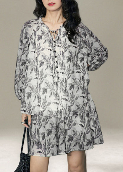 Grey Print Cotton Sets 2 Pieces Lace Up Summer