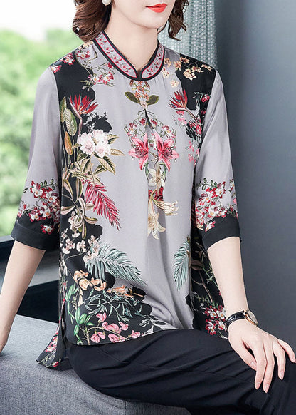 Grey Print Silk Top Stand Collar Half Sleeve