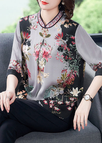 Grey Print Silk Top Stand Collar Half Sleeve