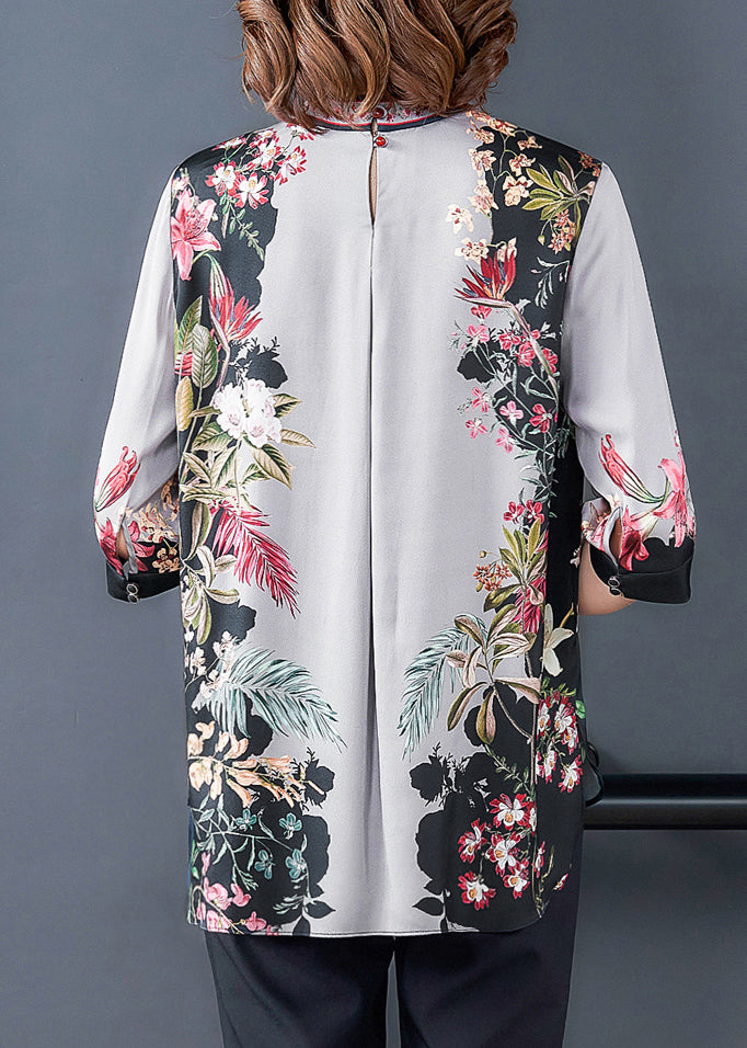 Grey Print Silk Top Stand Collar Half Sleeve