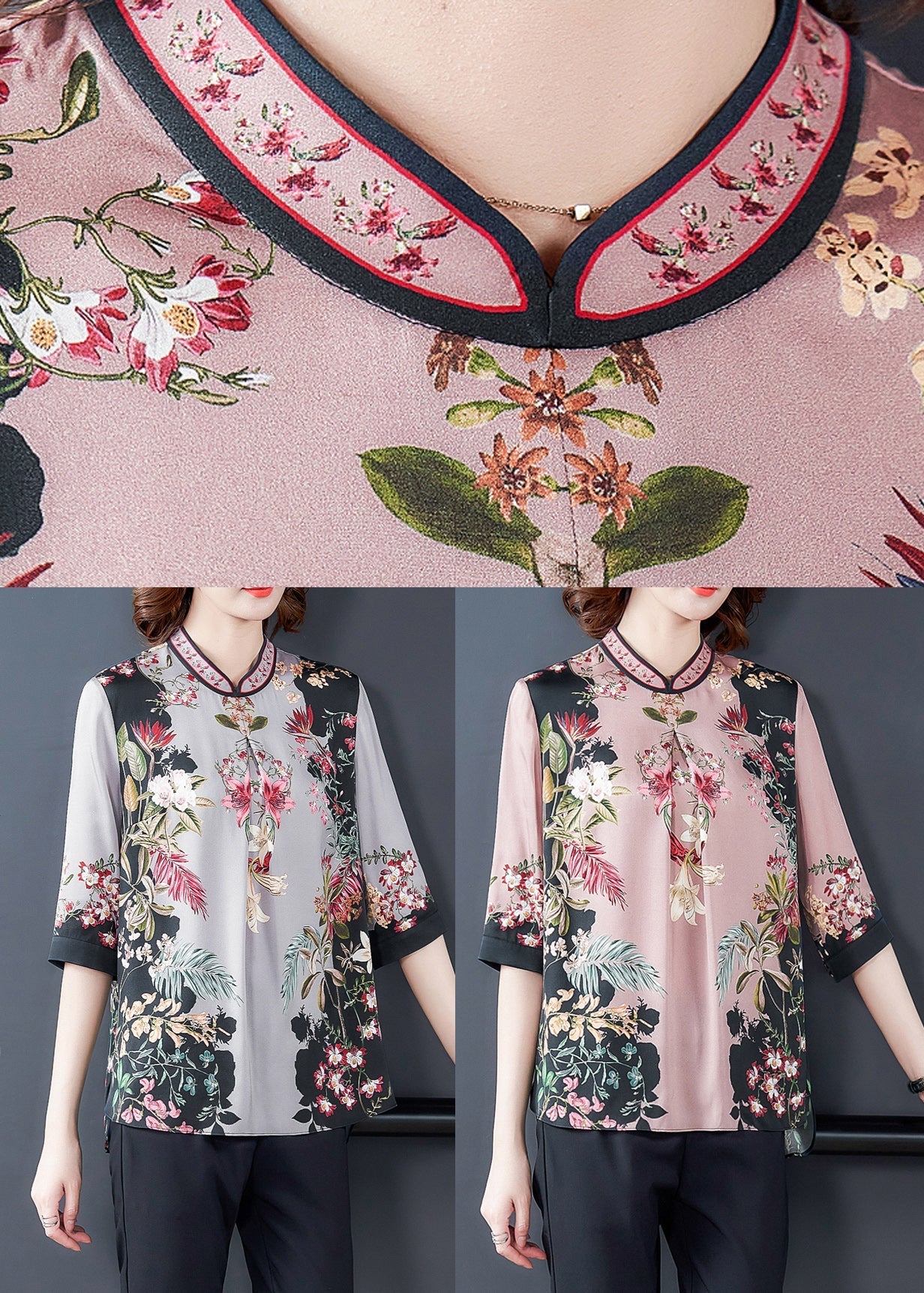 Grey Print Silk Top Stand Collar Half Sleeve