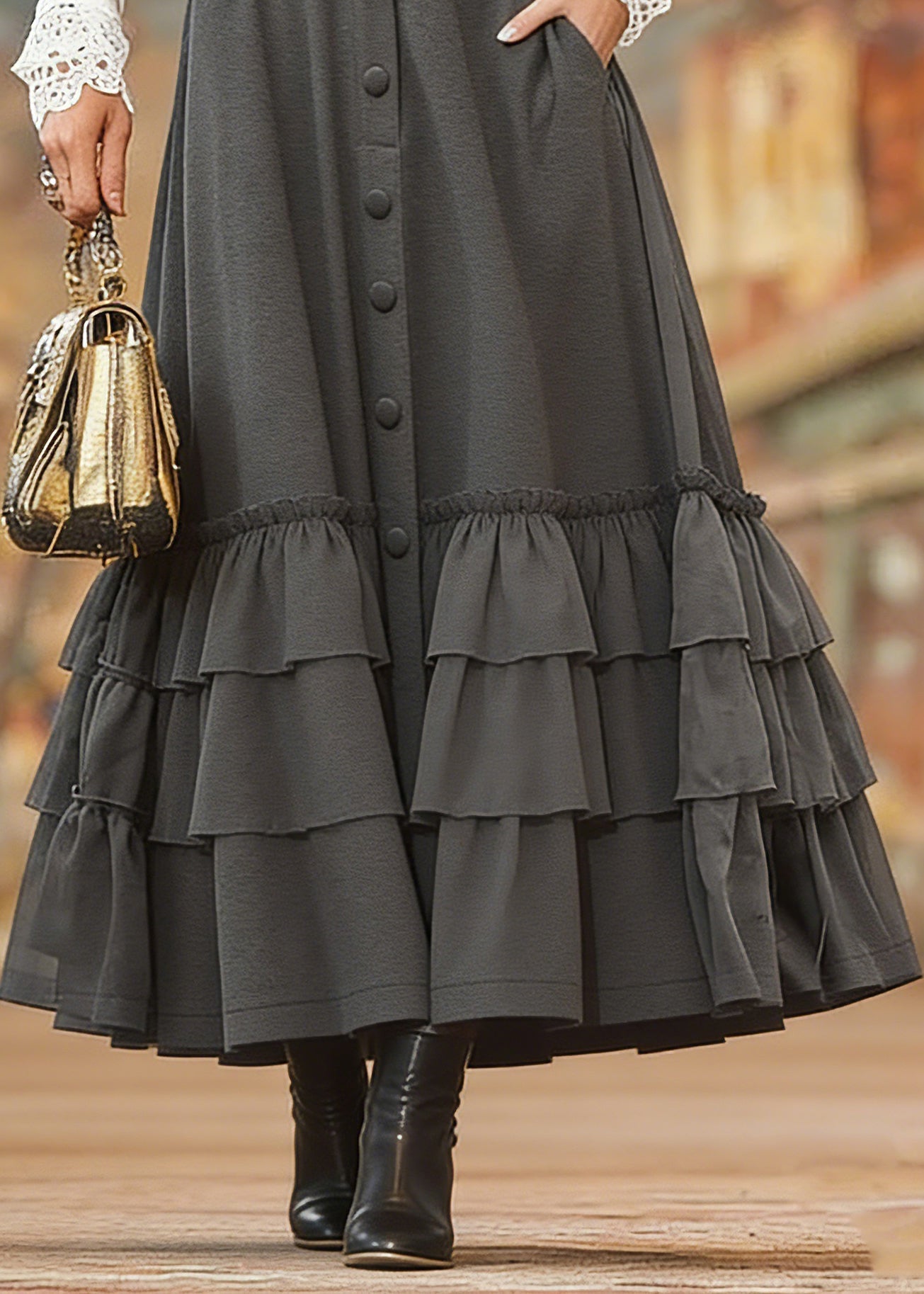 Grey Ruffle Trim Single Breasted Pocket Overlay Maxi Skirt