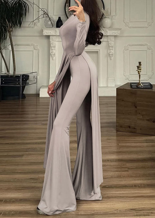 Grey Side Open Cotton Two Pieces Set Spring O Neck