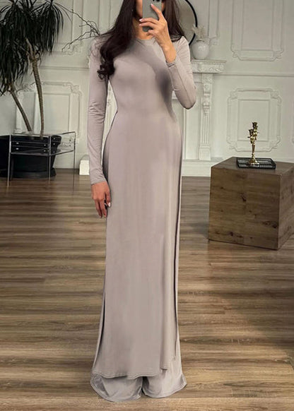 Grey Side Open Cotton Two Pieces Set Spring O Neck