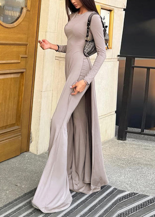 Grey Side Open Cotton Two Pieces Set Spring O Neck