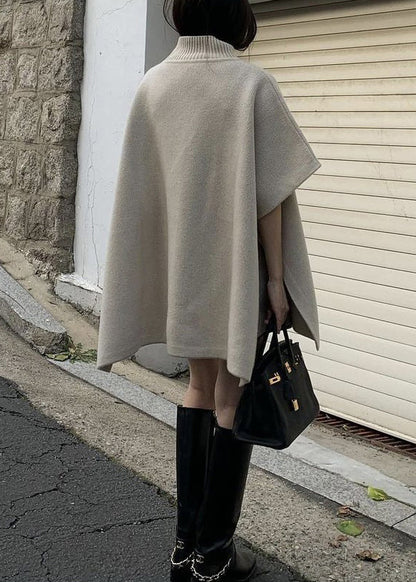 Grey Side Open Knit Cape Style Sweater Turtleneck Batwing Sleeve