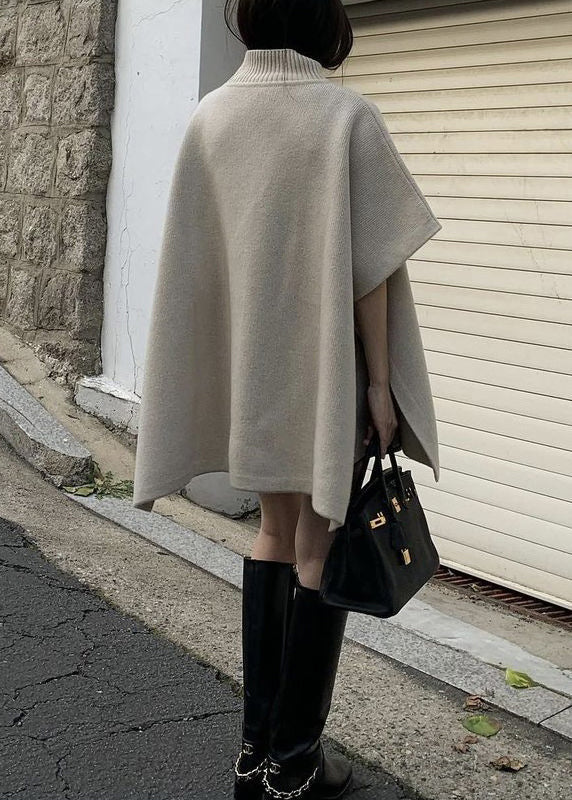 Grey Side Open Knit Cape Style Sweater Turtleneck Batwing Sleeve
