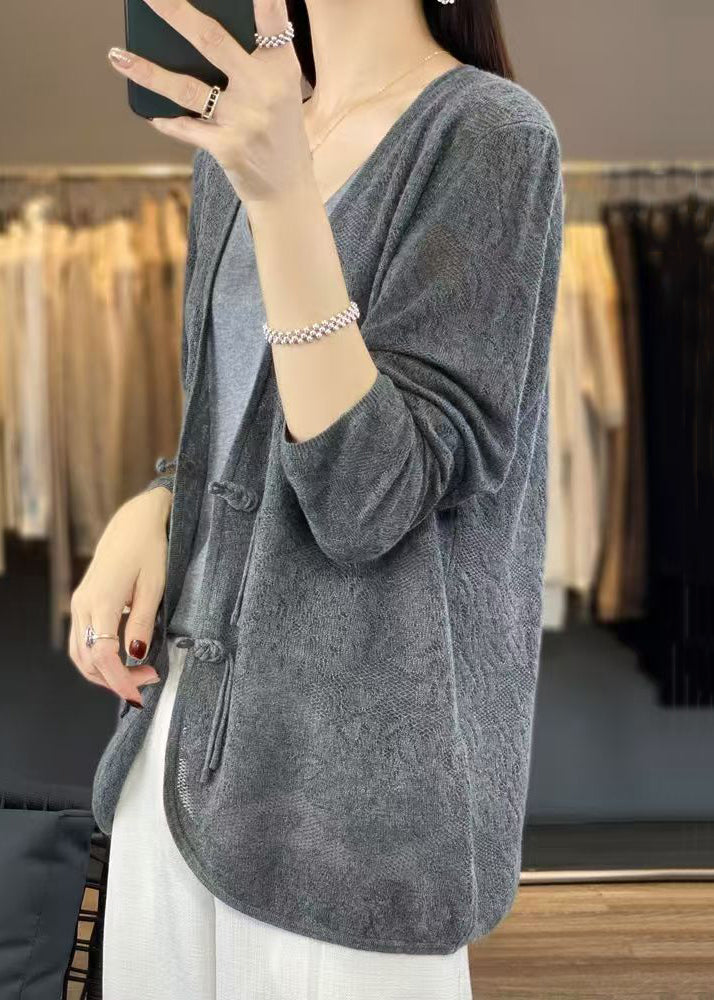 Grey Cozy Knit Cardigans V Neck Long Sleeve