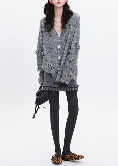 Grey Stereoscopic Knit Loose Coat Oversized Winter