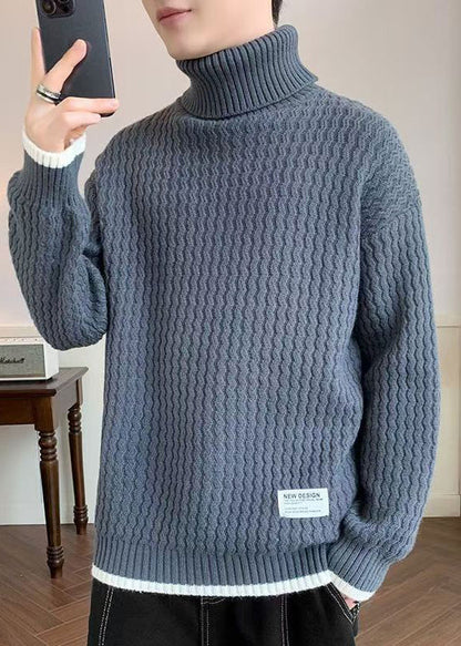 Grey Thick Patchwork Knit Winter Sweater Turtleneck