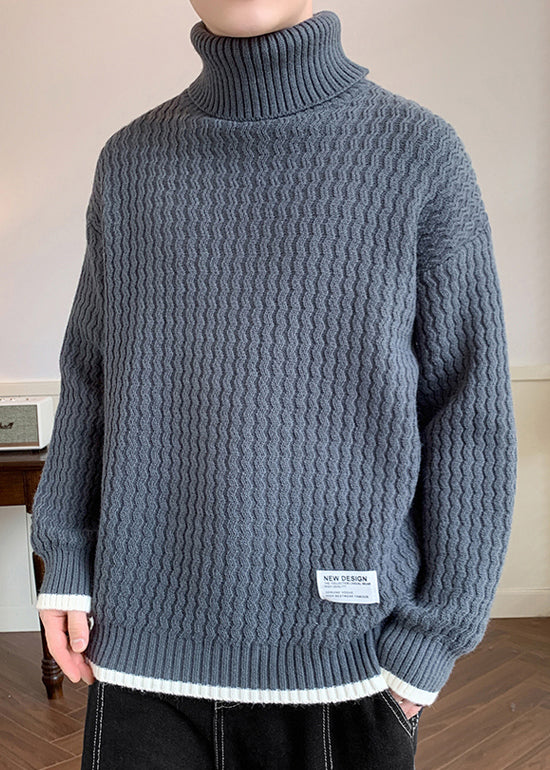 Grey Thick Patchwork Knit Winter Sweater Turtleneck