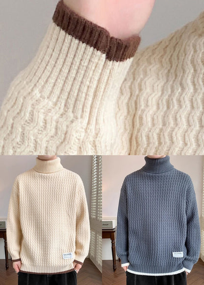 Grey Thick Patchwork Knit Winter Sweater Turtleneck
