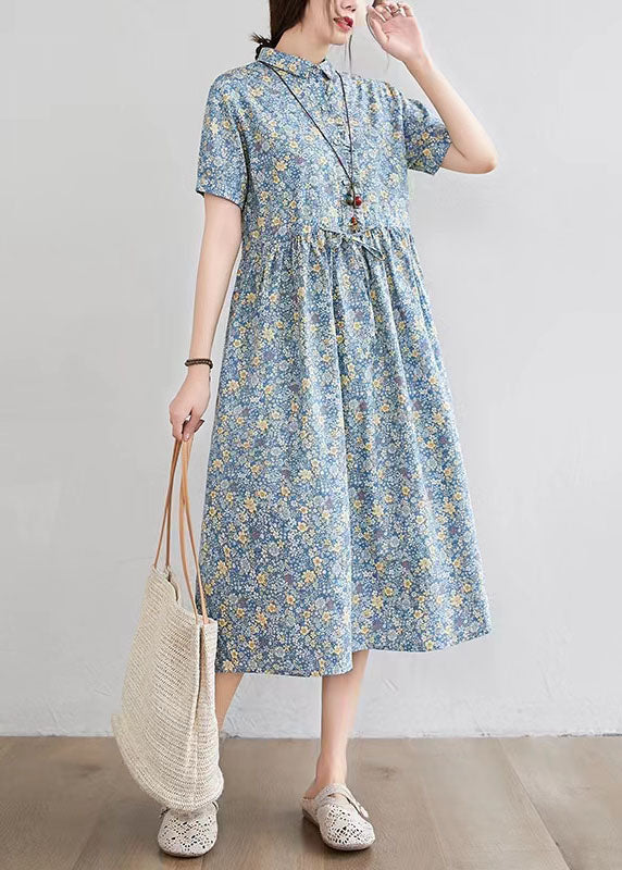 Half Sleeve O-neck Pleated Print Maxi Dress