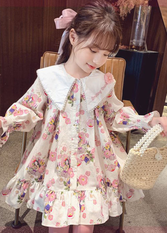 Handmade Apricot Print Nail Bead Mid Dress Long Sleeve