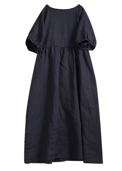 Handmade Apricot O-neck Wrinkled Patchwork Linen Dress Summer