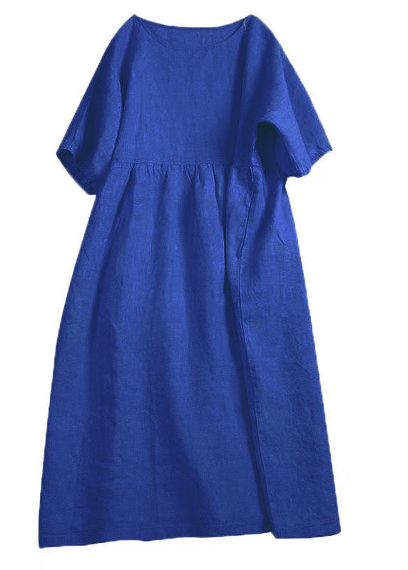 Handmade Apricot O-neck Wrinkled Patchwork Linen Dress Summer