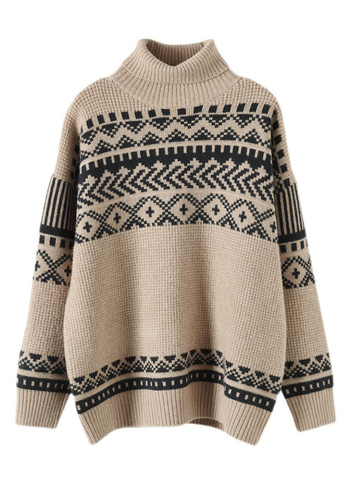 Handmade Apricot Turtle Neck Thick Print Knit Pullover Spring